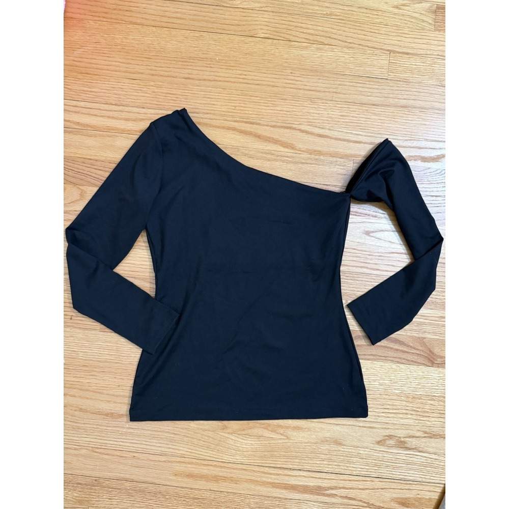 Susana Monaco Black Sculpty One Shoulder Long Sleeve Shirt  Sz L Soft Body Con